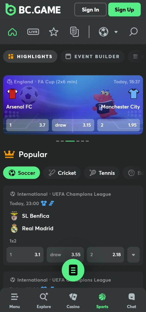 Explore the diverse sports betting section in the BC Game iOS App.