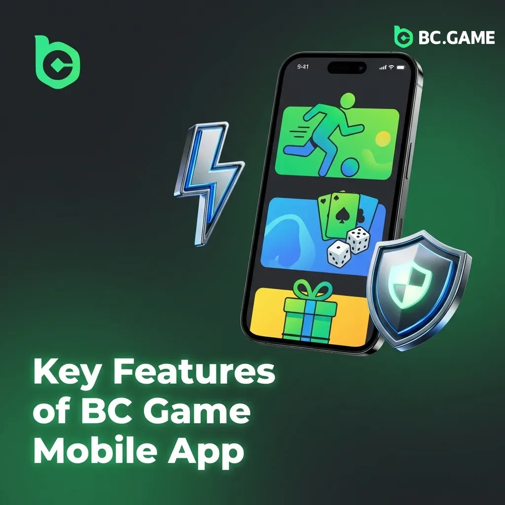 BC Game mobile app interface showing currency support, payment methods, casino games, and sports betting features.