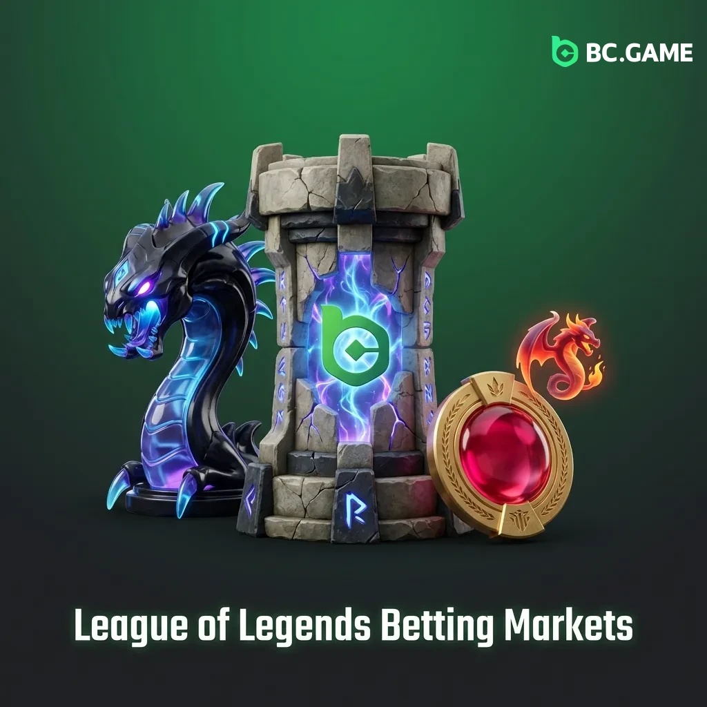 League of Legends betting markets interface at BC Game showing match winner, first blood, and dragon objective wagering options
