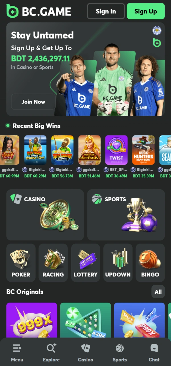 Explore the main interface of the official BC Game Bangladesh platform.