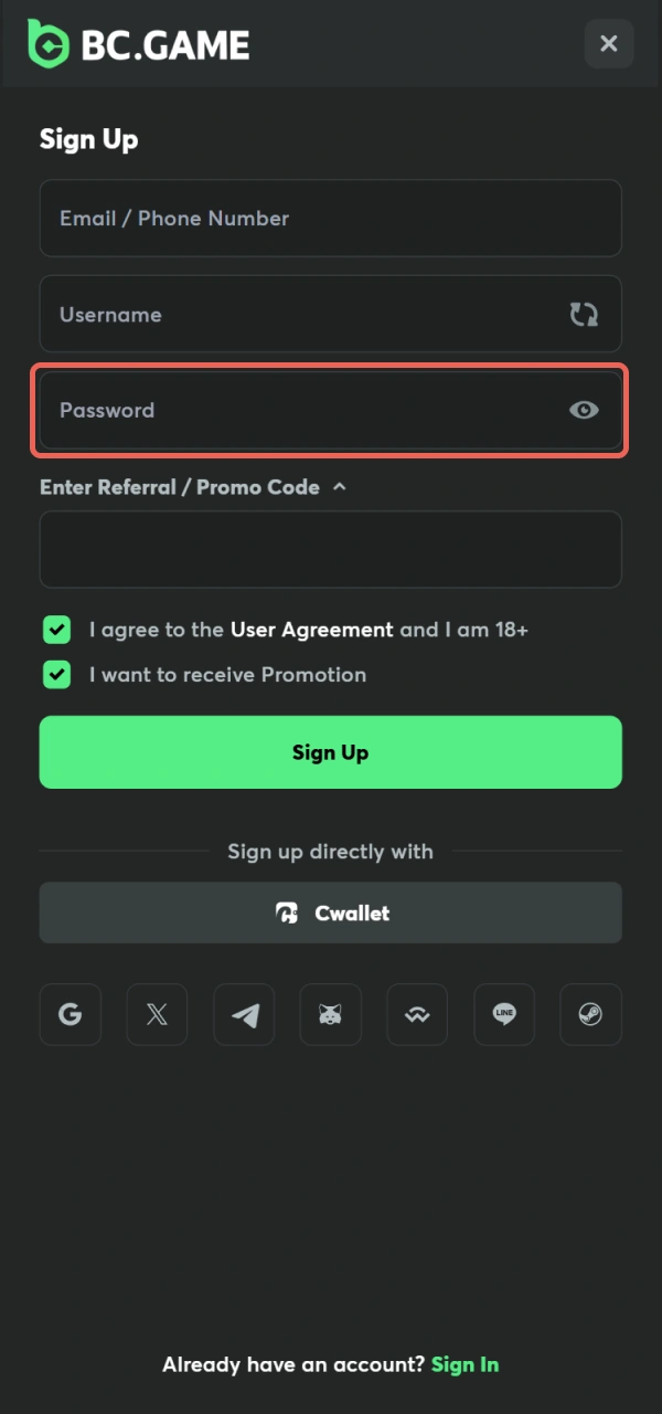 Secure your BC Game Bangladesh registration with a unique and complex password.
