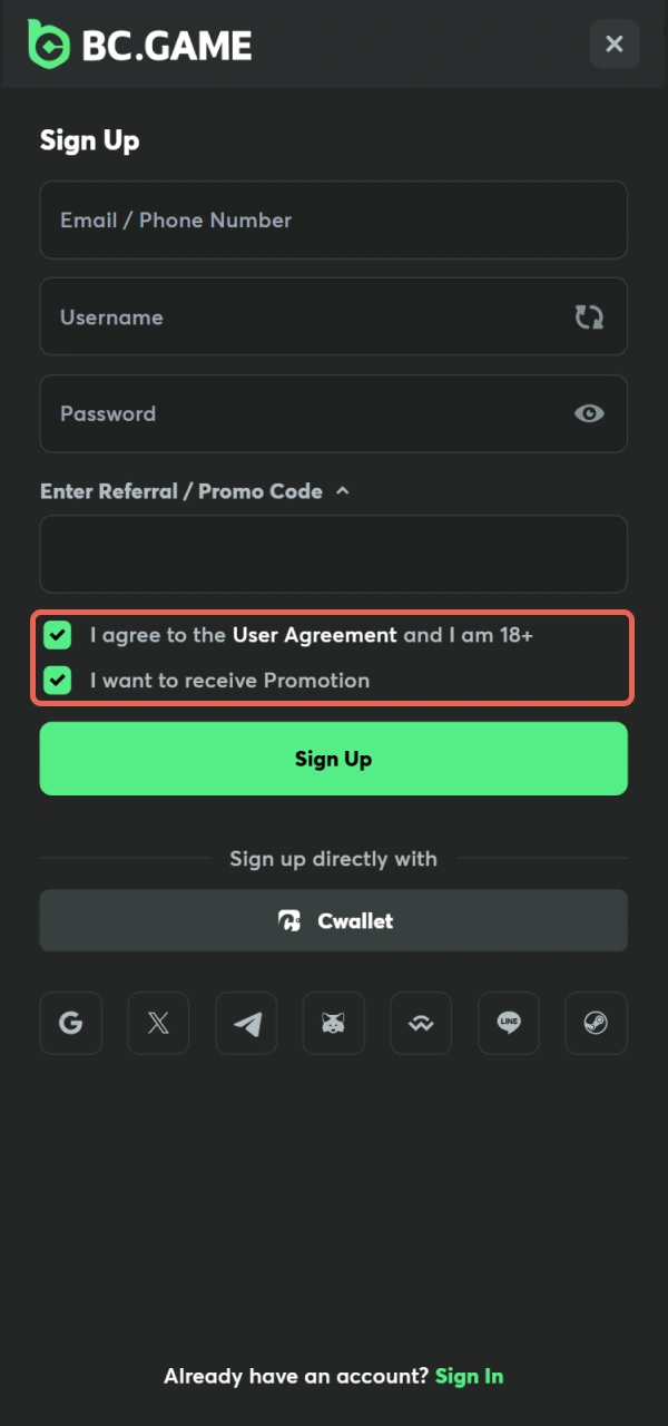 Finalize your BC Game Bangladesh registration settings by choosing the local currency.