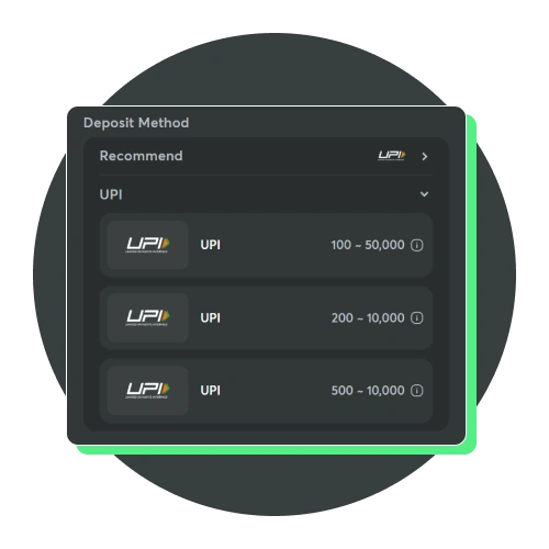 Deposit money via UPI instantly on the BC Game main page.