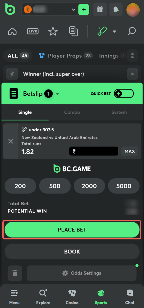 Finalize your sports Bet on the official BC Game main page.