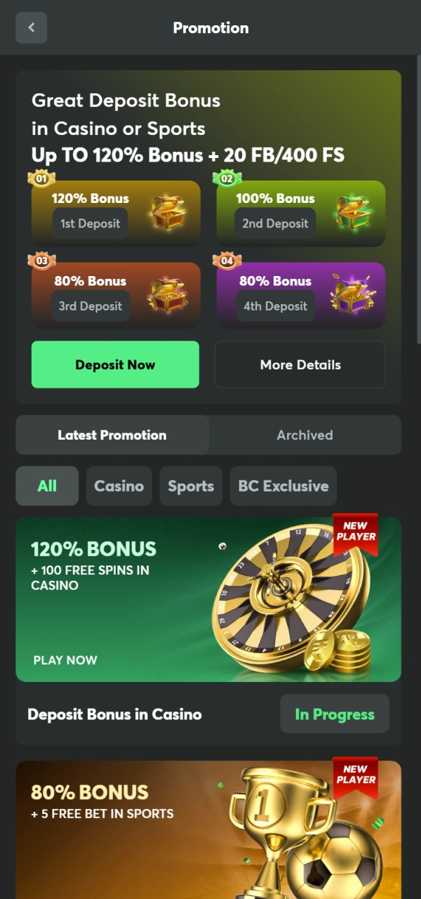 Browse the available rewards section on the BC Game main page.