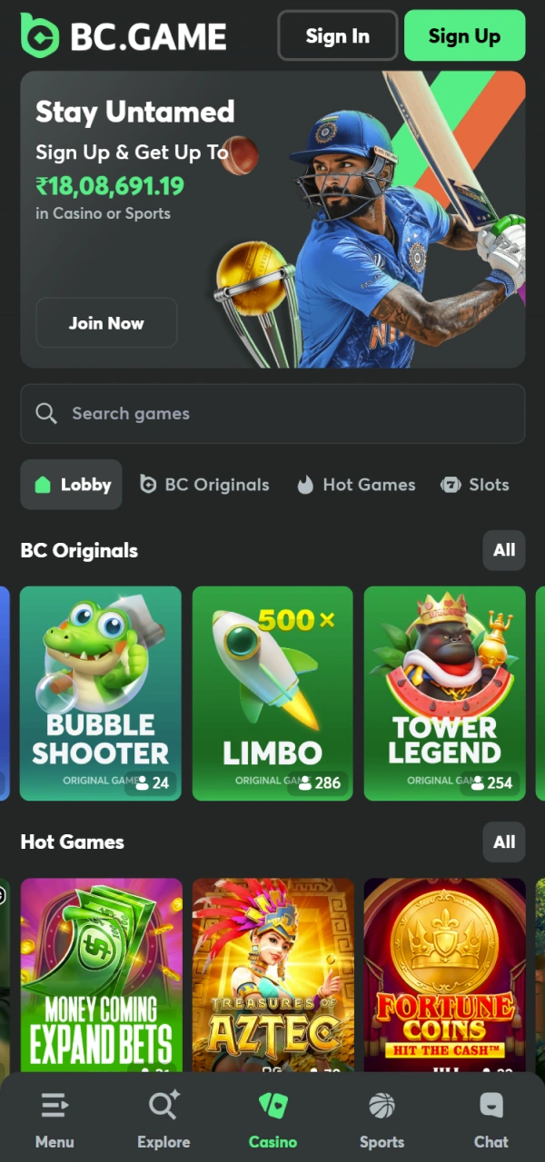 Explore the casino games interface on the BC Game main page.