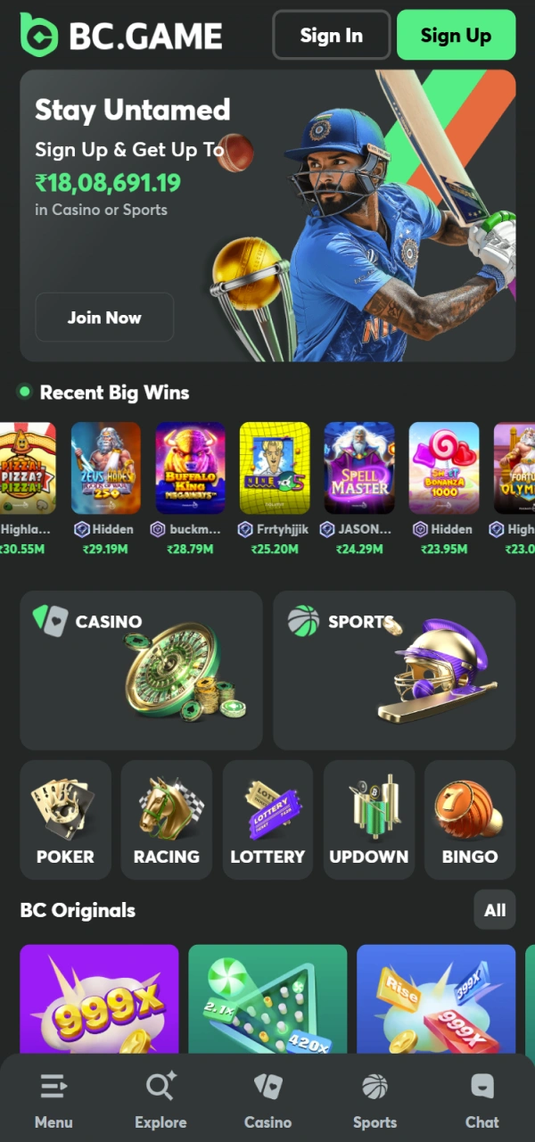 View the interface of the official BC Game main page.