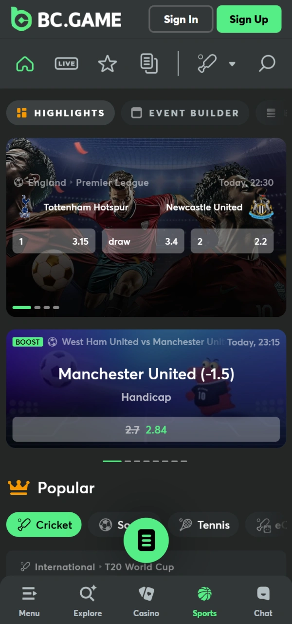 Check the sports section design on the BC Game main page.