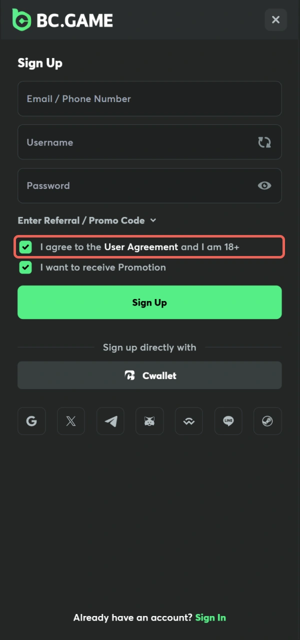 Agree to the rules to complete your Registration at BC Game.