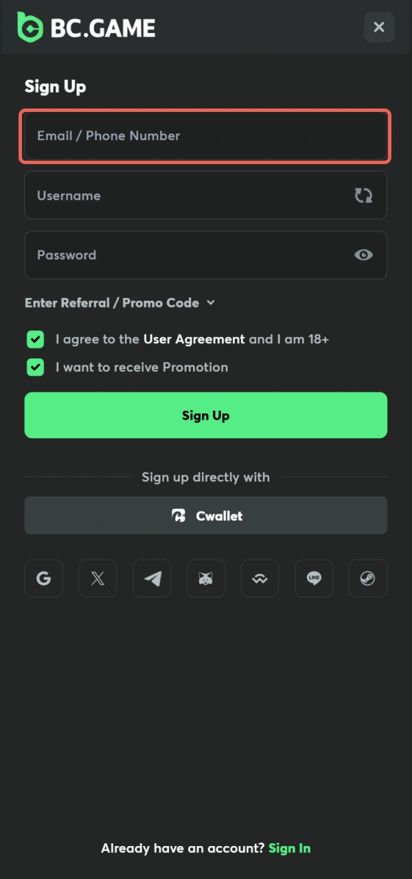 Select a convenient path for BC Game Registration on the site.