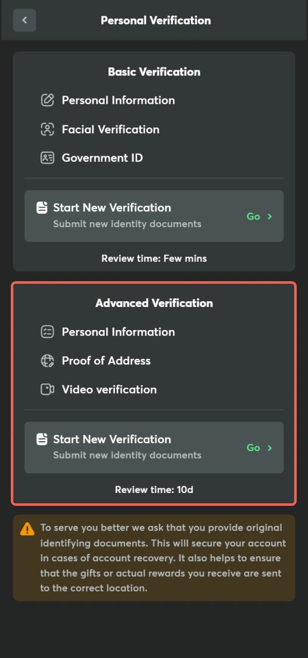 Submit residence documents for successful BC Game Verification on the site.