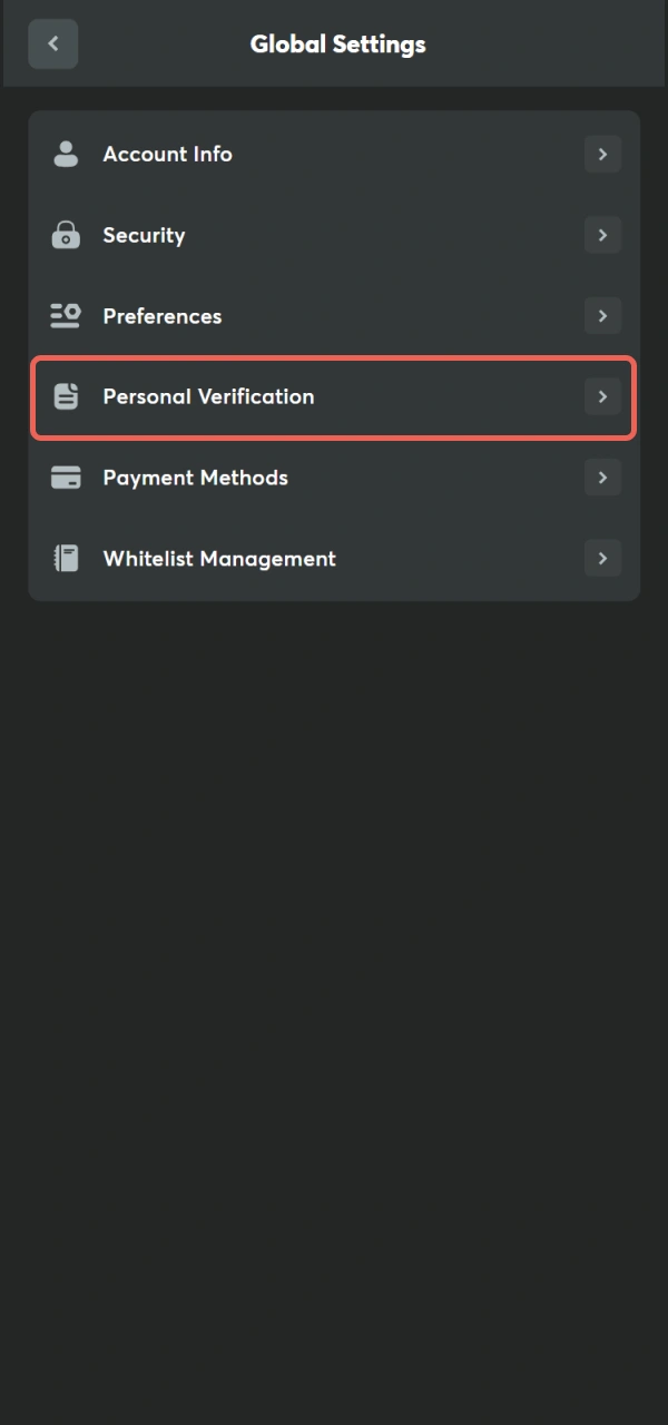 Find the Verification tab in your BC Game main page settings.
