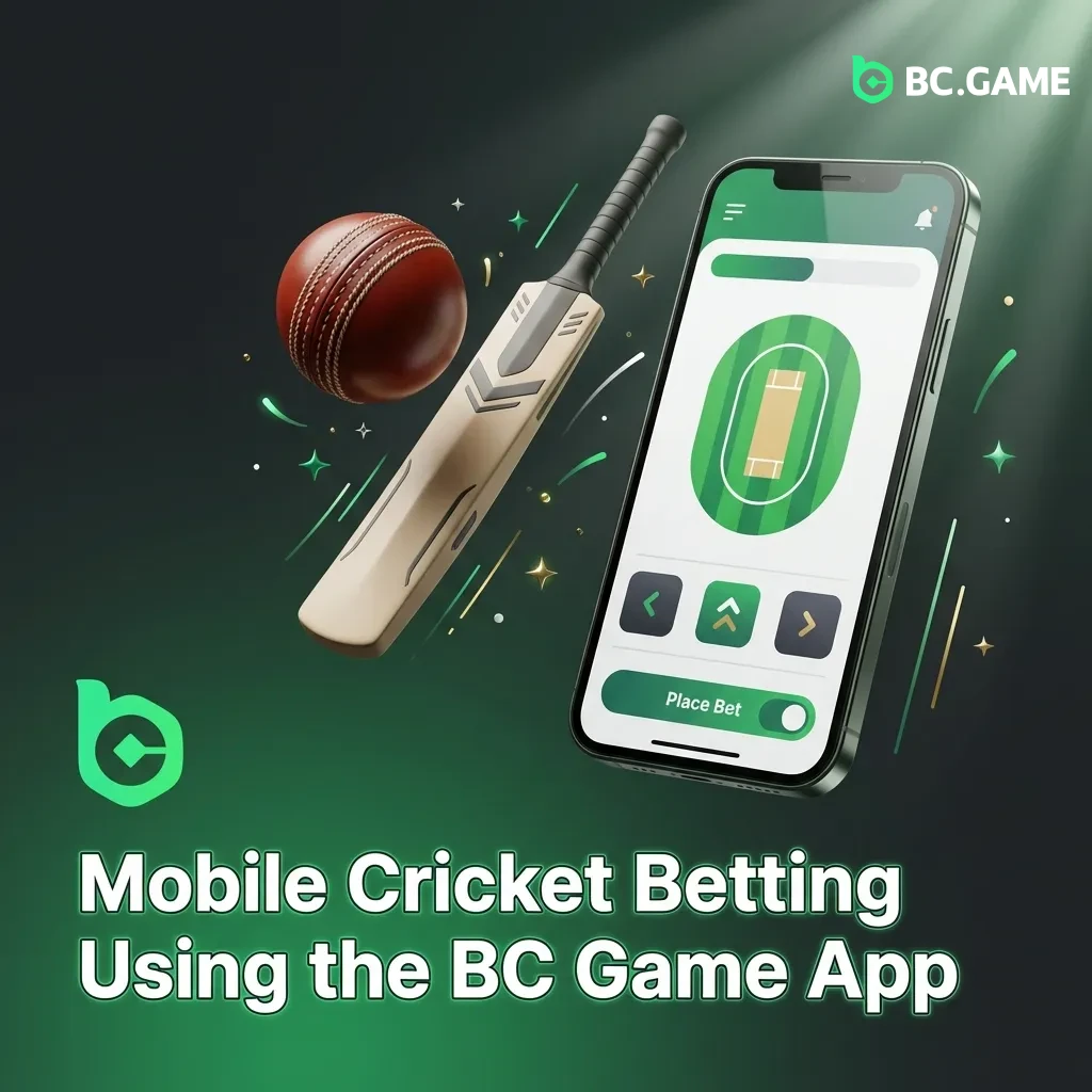 Mobile cricket betting interface on BC Game app showing Android and iOS download options and betting features