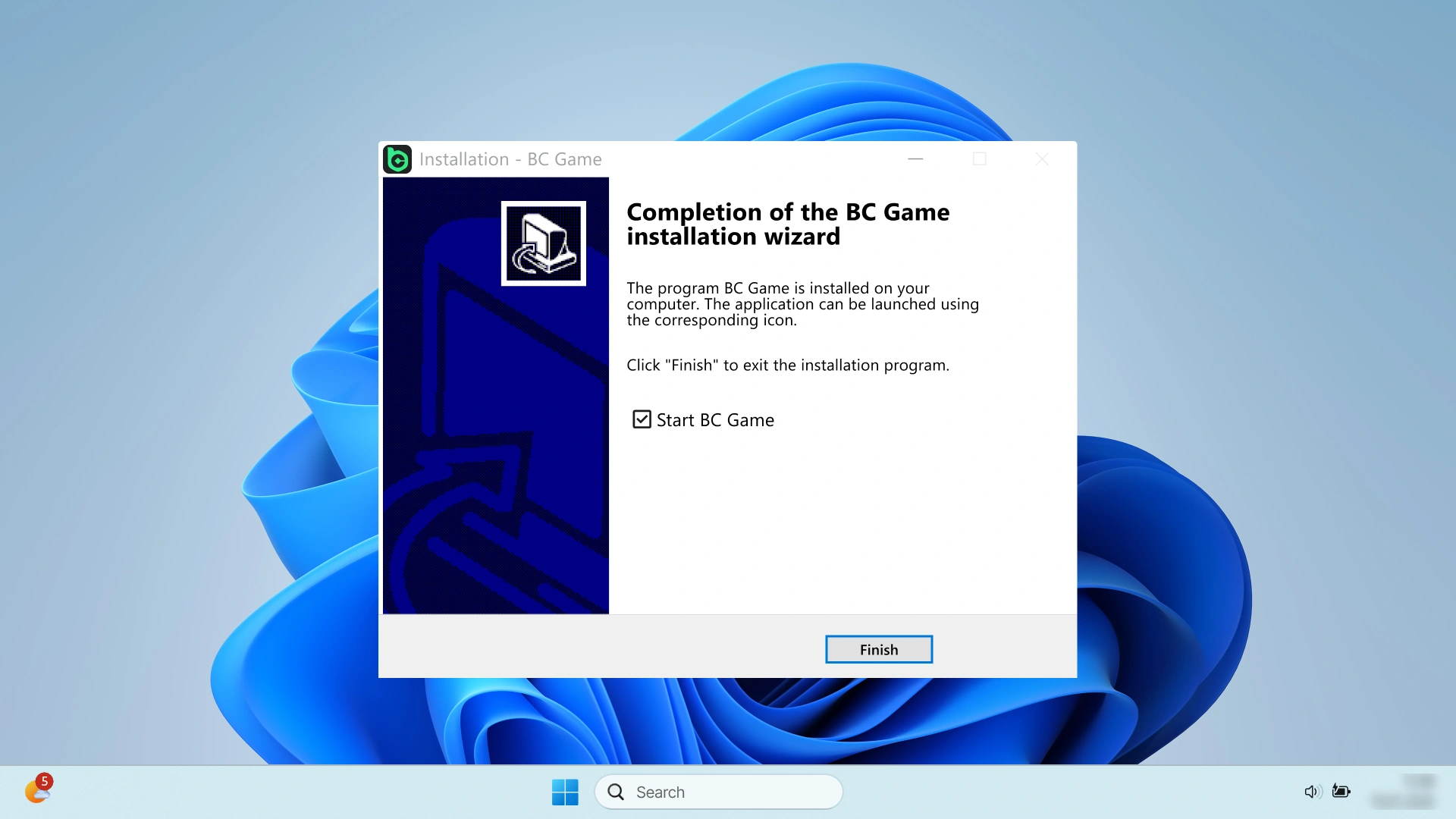 Execute the Windows setup wizard for the BC Game PC client.