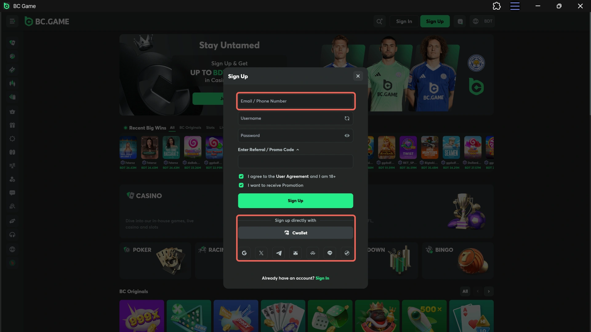 Select a desktop sign-up option for the BC Game PC client.