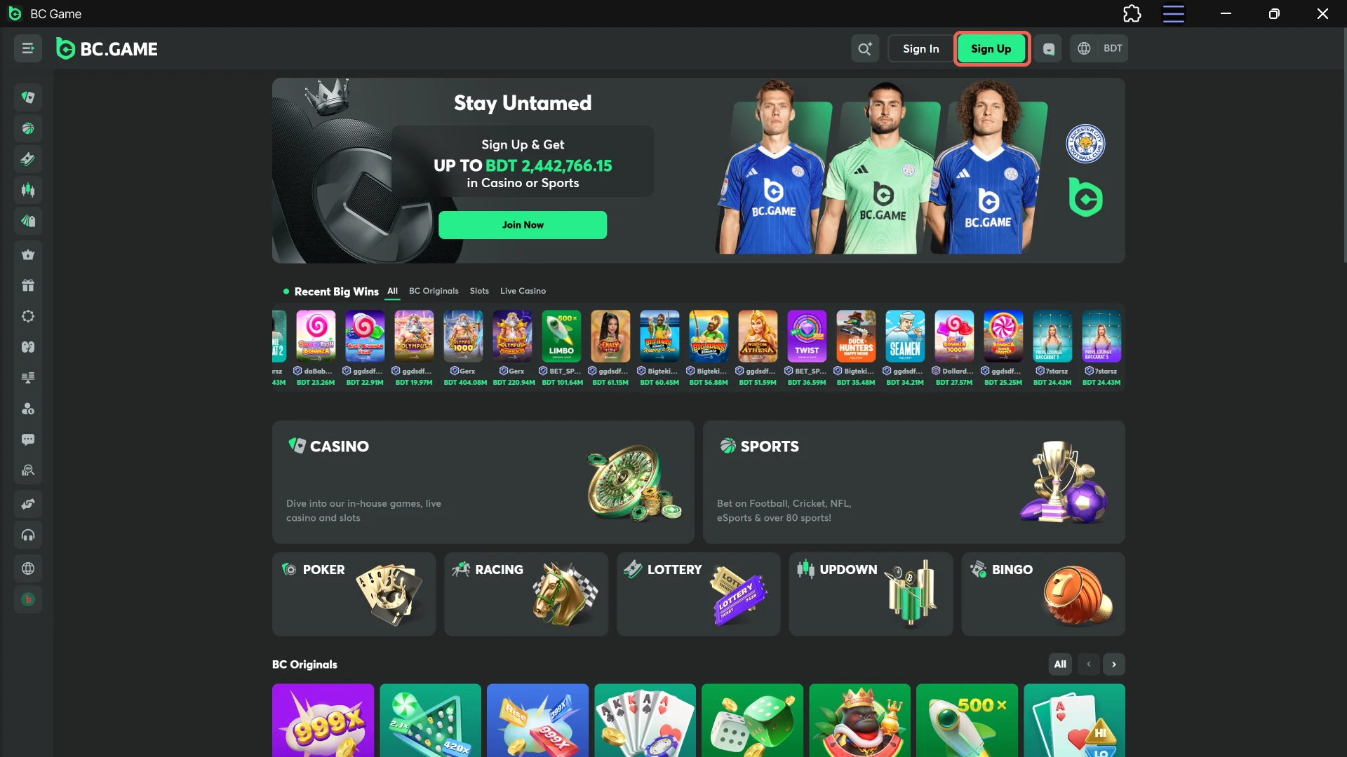 Press the desktop registration button on the BC Game PC client.