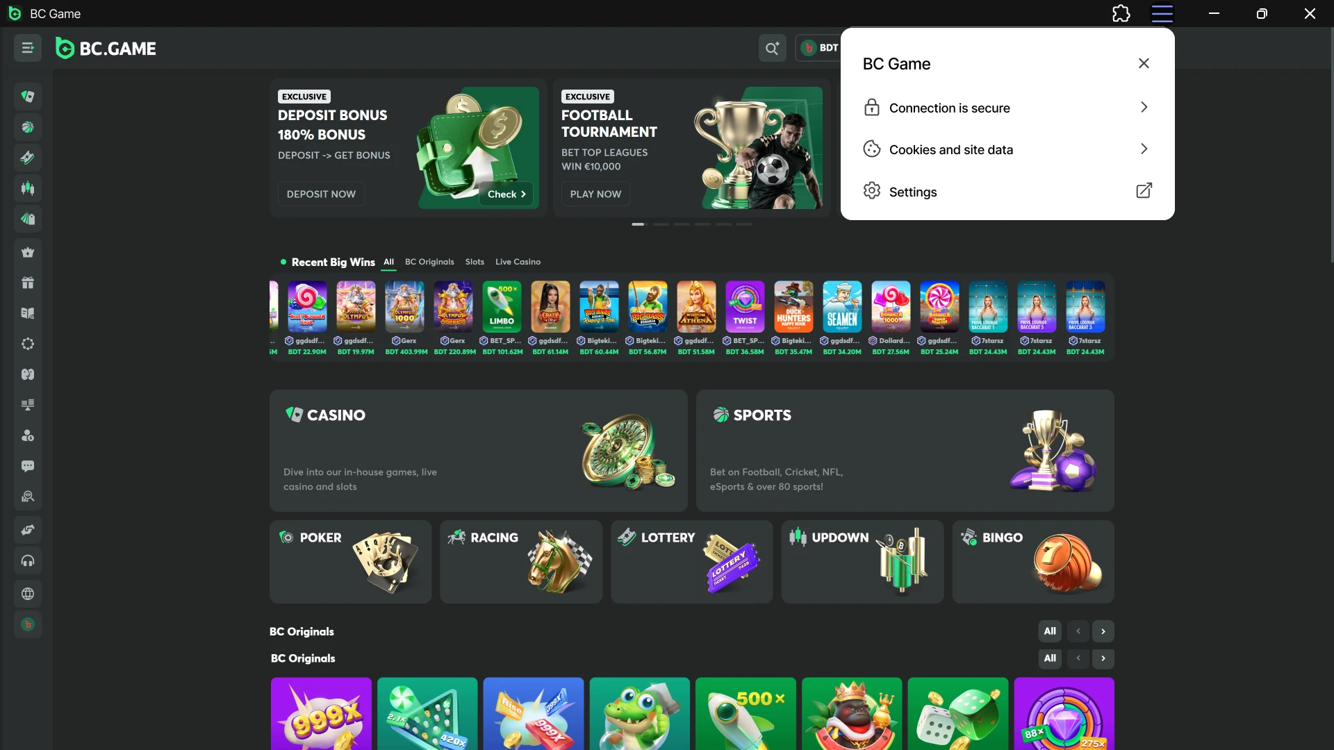 Search for a new software update for BC Game PC client.