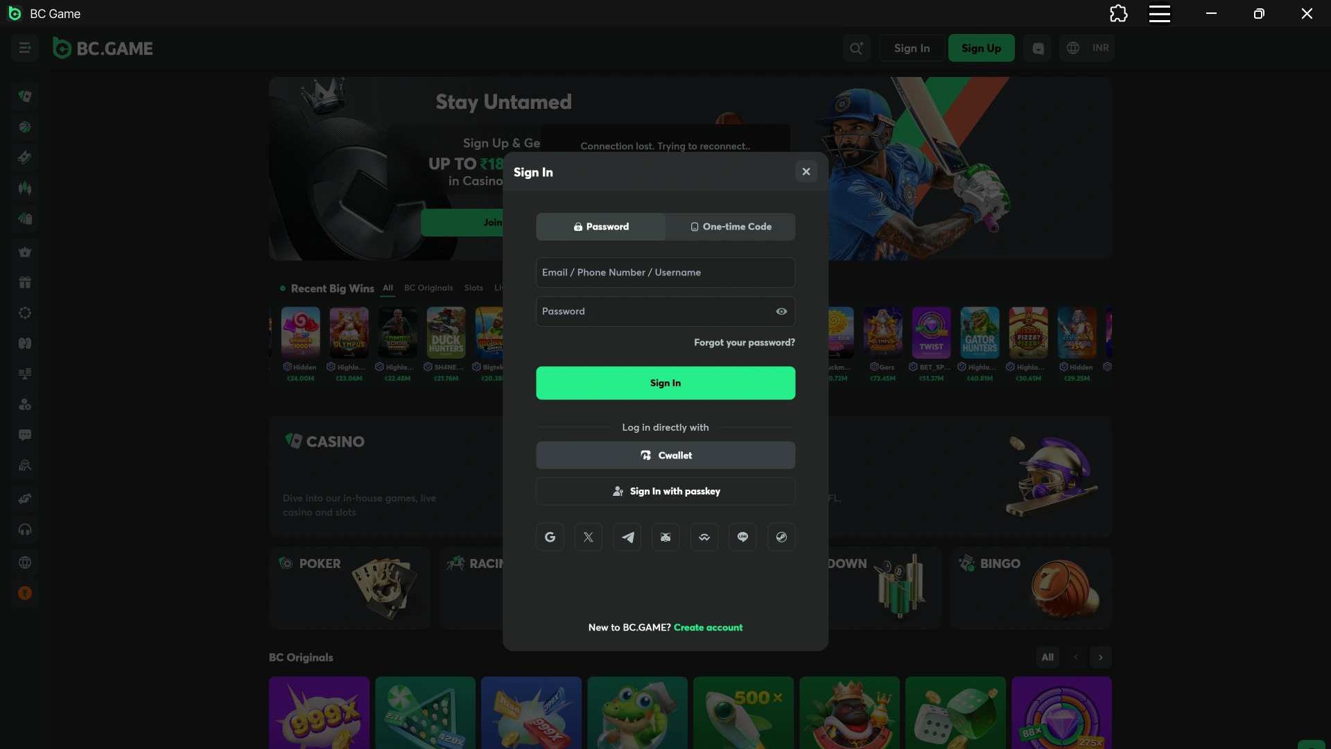 Create an account or sign in to your BC Game Windows.