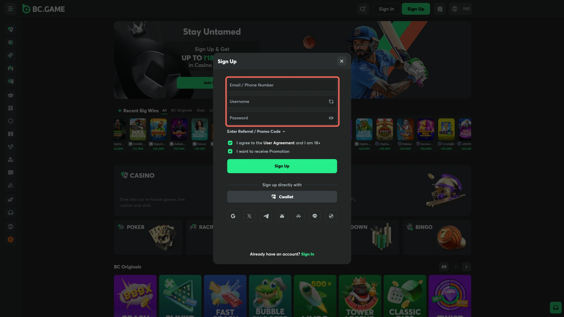 Provide personal data to enable Betting via BC Game PC Client.