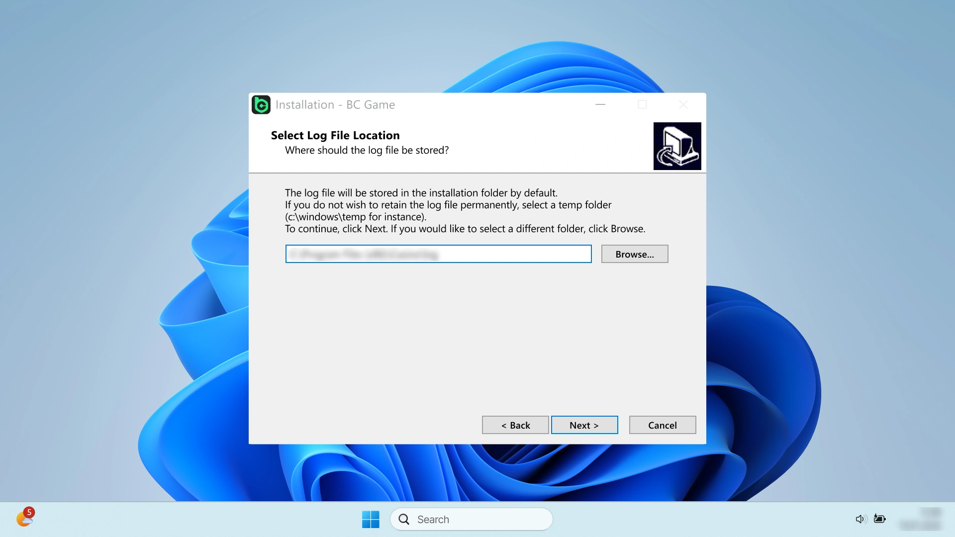 Select the destination folder for your BC Game Windows software.