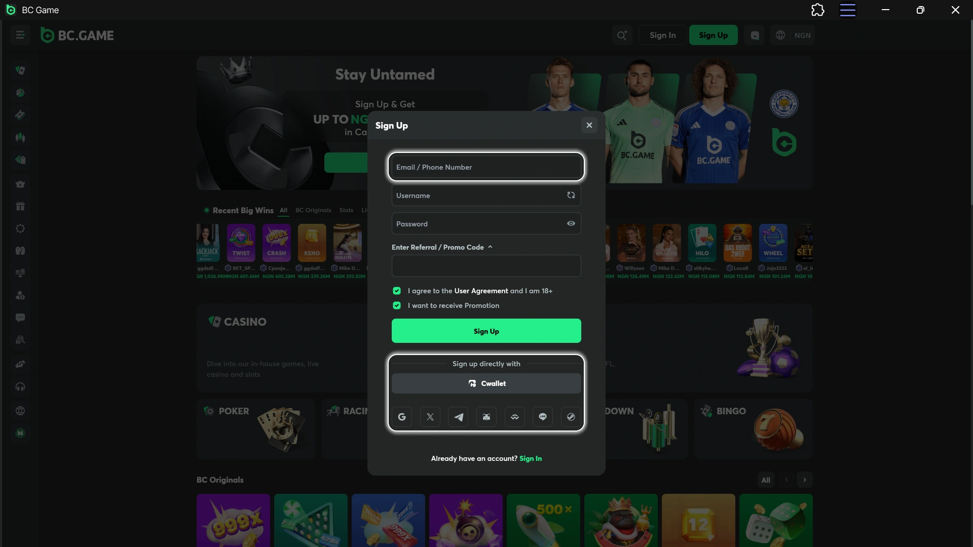 Select your preferred sign-up option for BC Game Register.