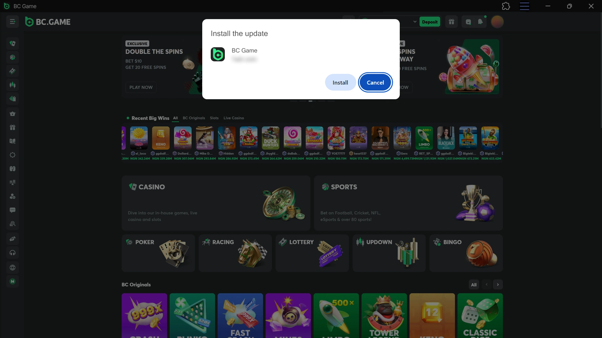 Apply the newest BC Game PC Client updates to your system.