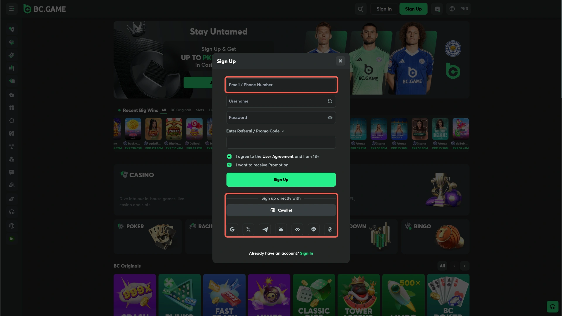 Pick how to join for Betting on the BC Game PC.