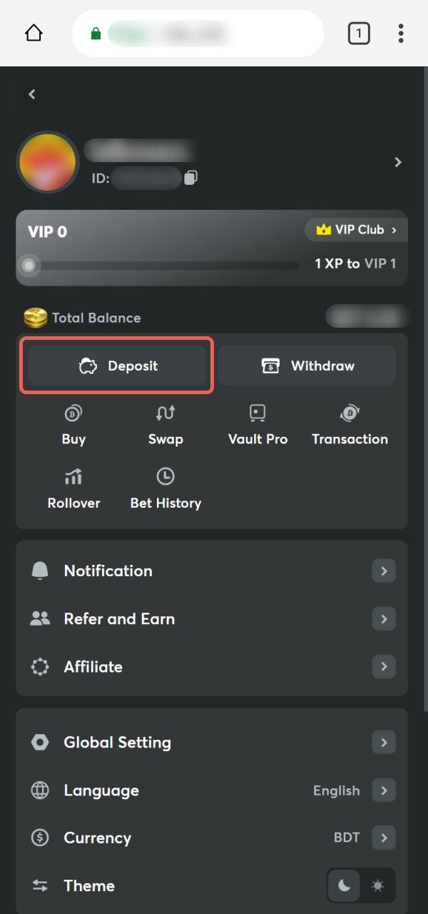 Open the deposit tab in the BC Game PWA wallet.