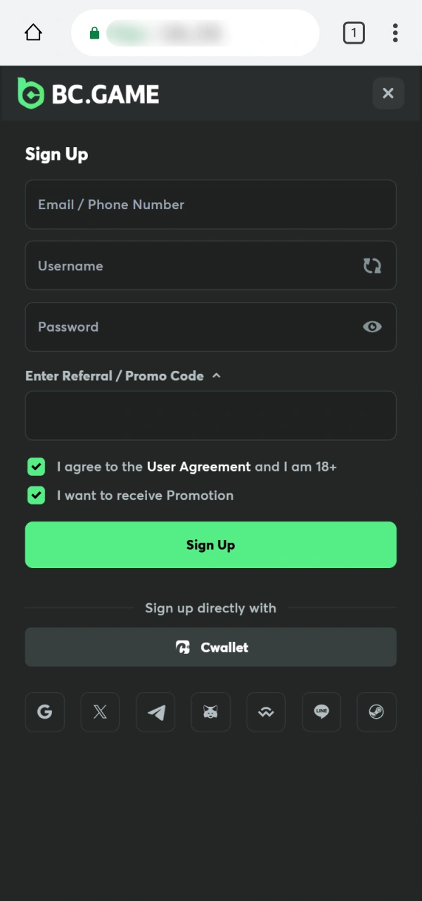 Complete the Android sign-up within the BC Game PWA platform.