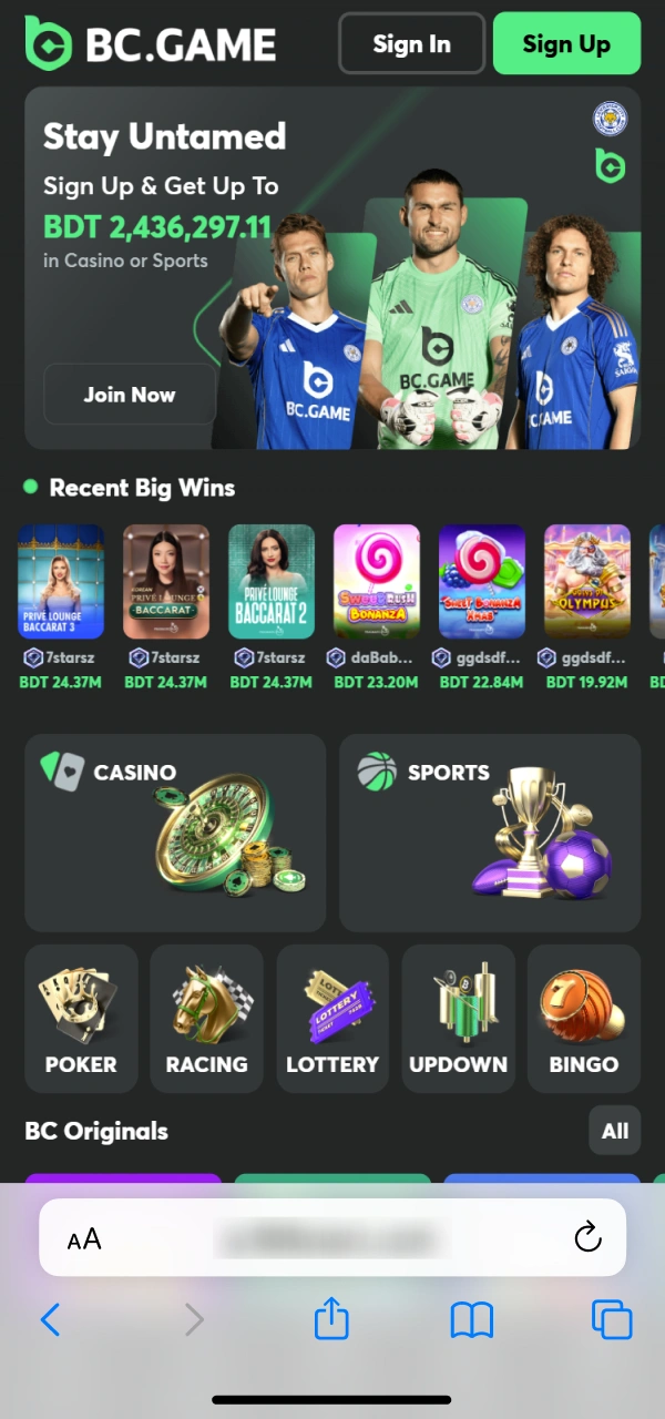 Initiate the iOS installation process for the BC Game PWA.