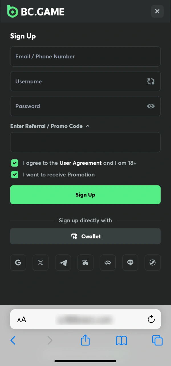 Sign up for an iOS account using the BC Game PWA.