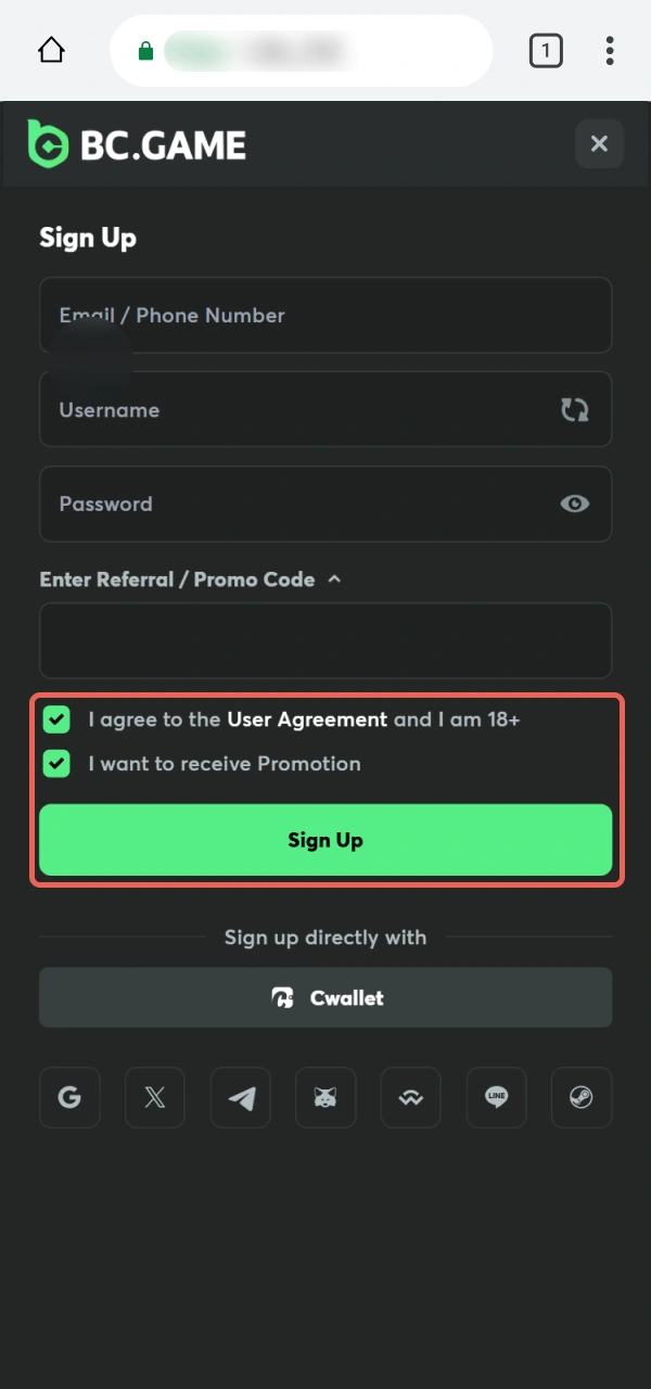 Agree to registration rules on the BC Game PWA mobile site.