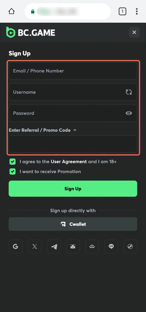 Provide your registration information to the BC Game PWA system.