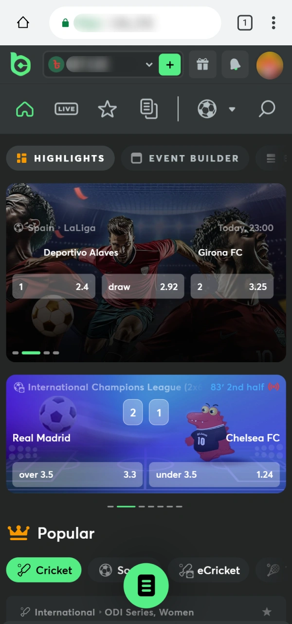 Select a match for betting within the BC Game PWA interface.