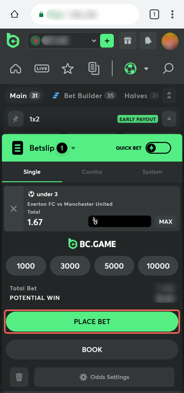 Finalize your betting process on the BC Game PWA platform.
