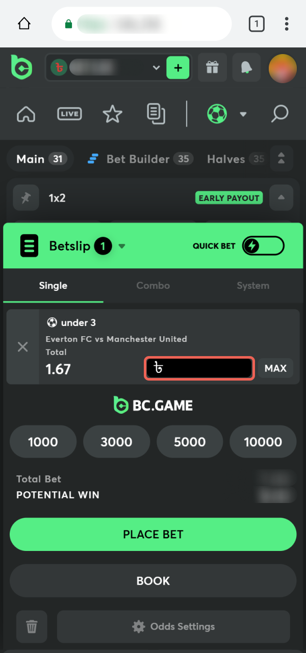 Specify your betting amount in the BC Game PWA bet slip.