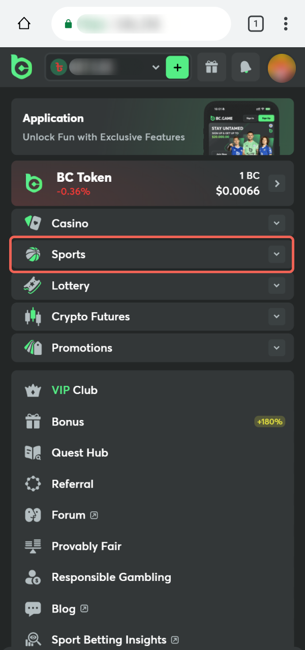 Navigate to the betting markets in the BC Game PWA app.