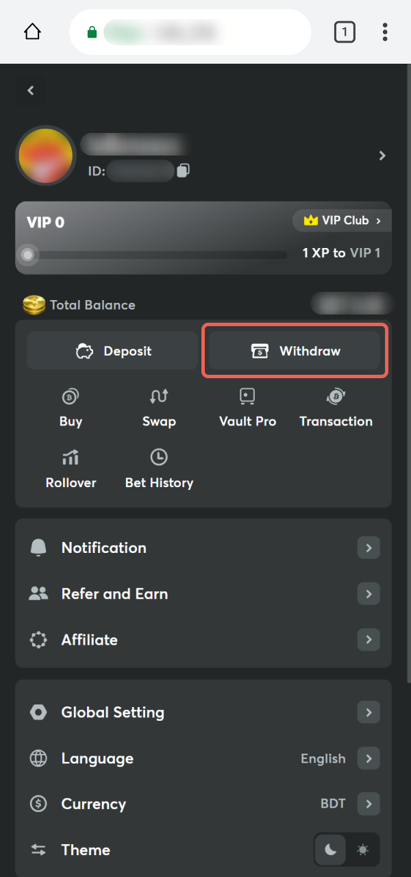 Navigate to the withdrawal area in the BC Game PWA.