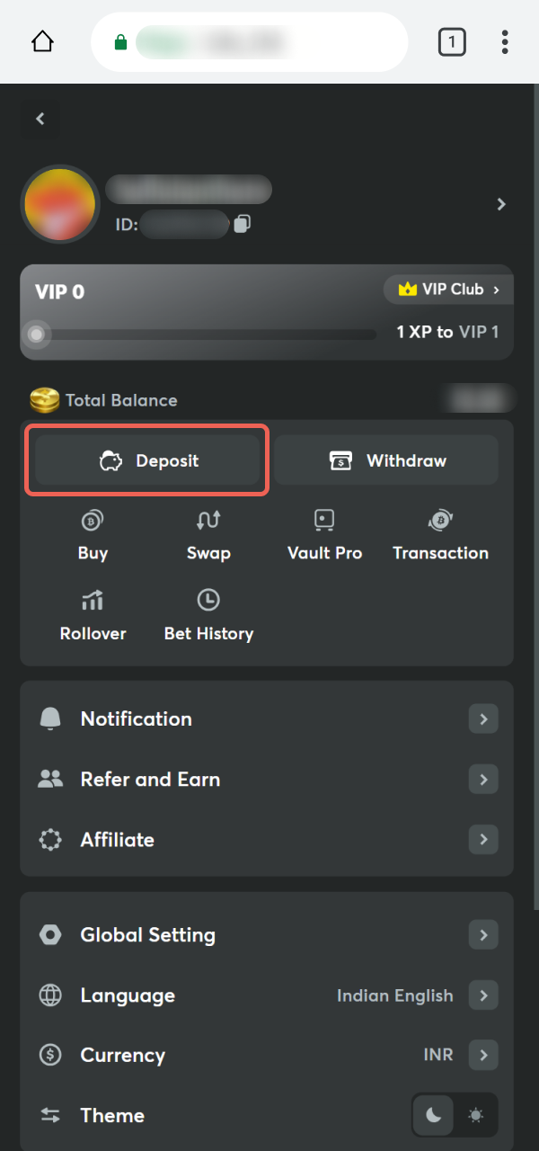 Navigate to the banking area for a BC Game PWA Deposit.