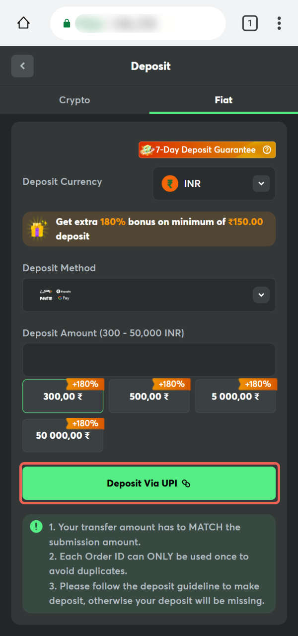 Finalize the official Deposit process on the BC Game PWA site.