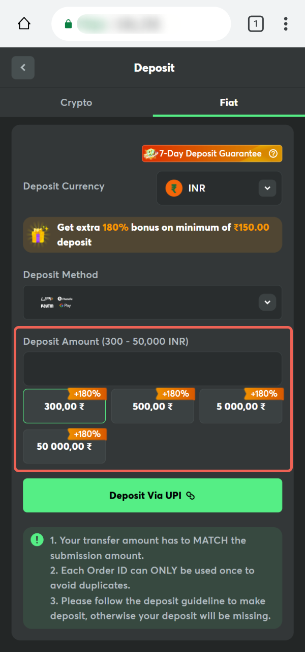 Input the sum you wish for your BC Game PWA Deposit.