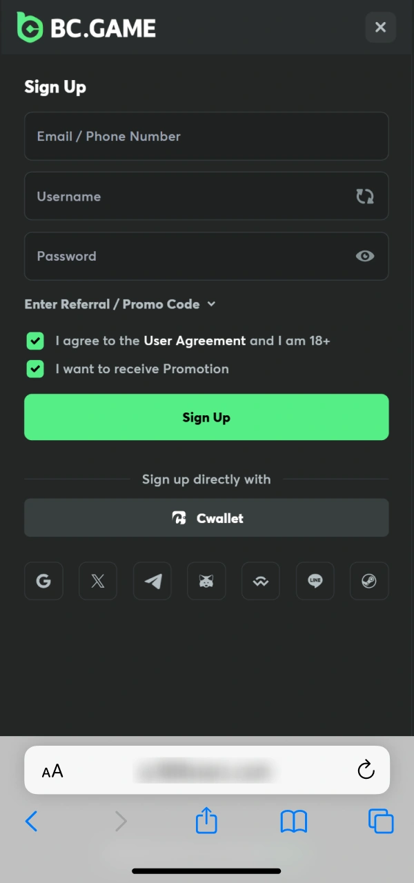 Sign up for an account using the BC Game iOS PWA.