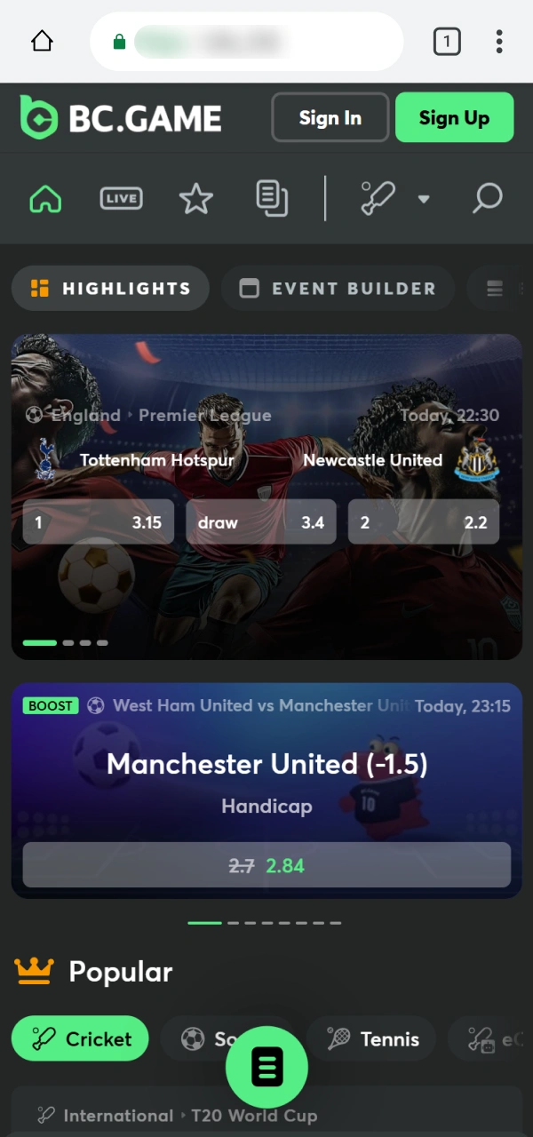 Check the sports wagering categories on the BC Game PWA version.