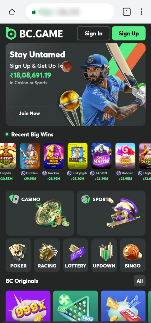 Explore the official BC Game PWA home screen on your mobile.