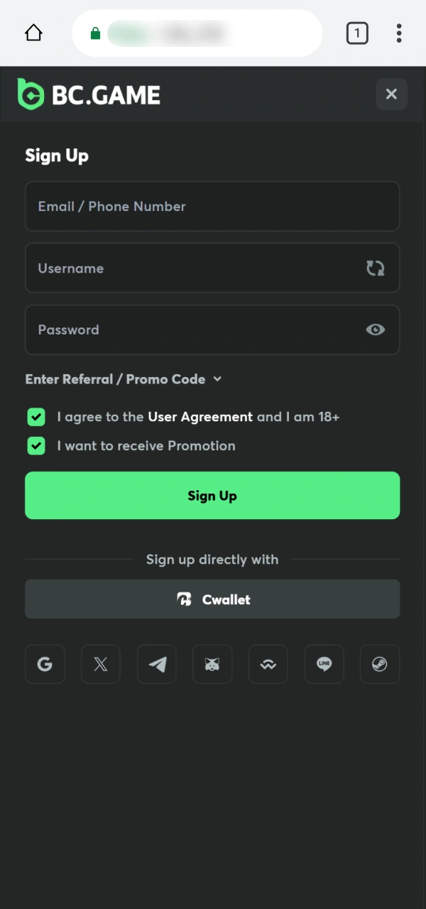 View the mobile Registration layout within the BC Game PWA interface.