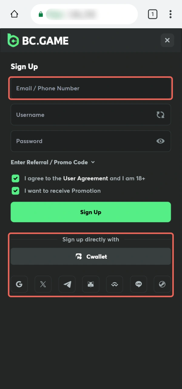 Pick the most convenient way to Register on BC Game PWA.