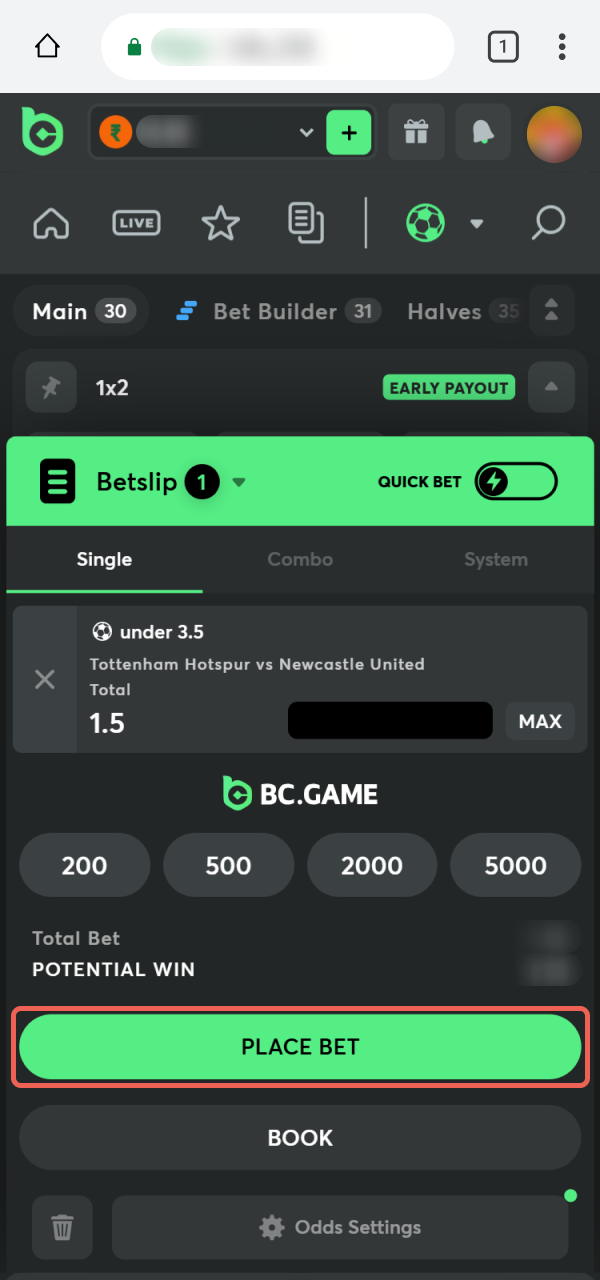 Finalize your Betting choice on the official BC Game PWA platform.