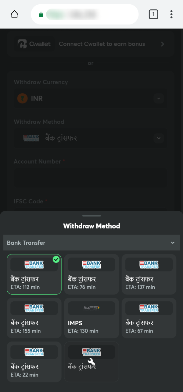 Select a payout system for your BC Game PWA Withdraw action.