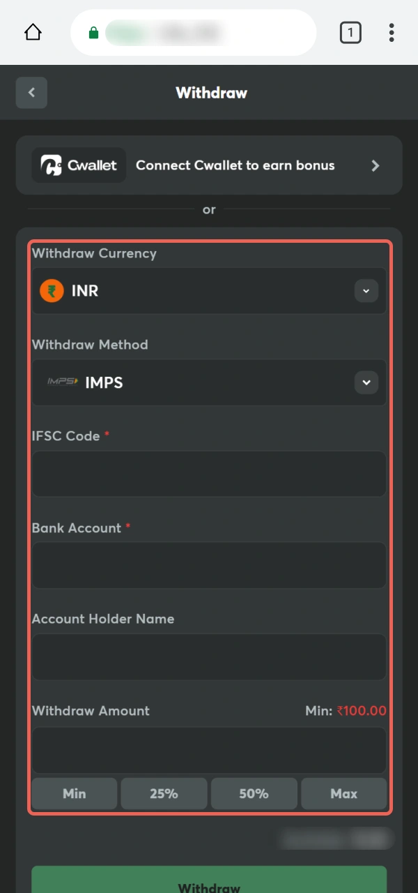 Provide your payment info to Withdraw funds from BC Game PWA.