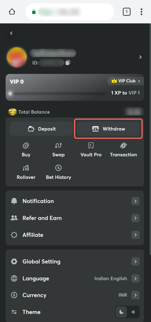 Find the Withdraw section in your BC Game PWA mobile profile.